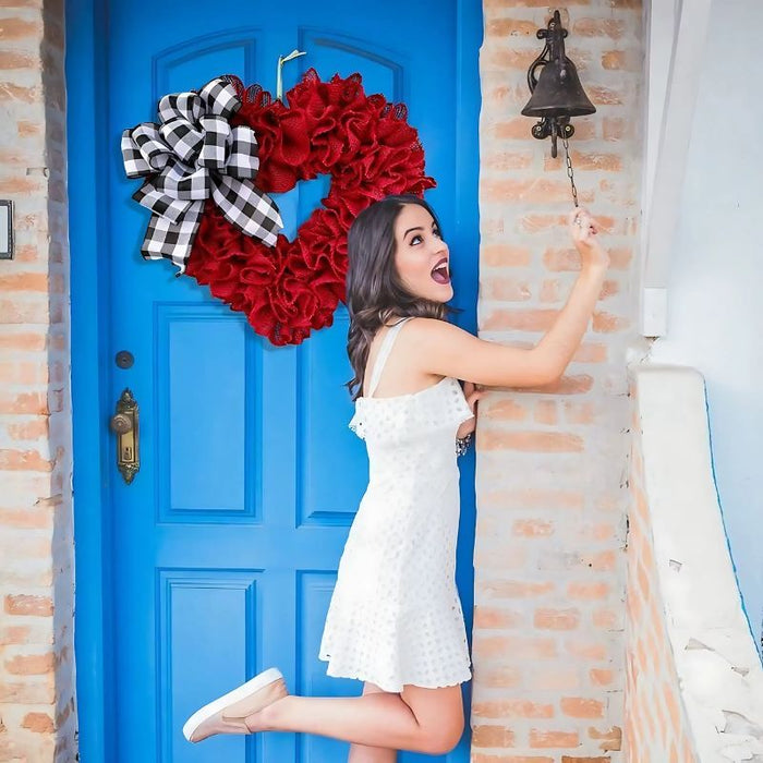 Wedding-themed heart wreath with red accents