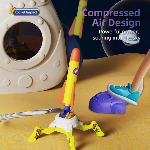 Outdoor foam rocket toy launch set with rockets and stomp pad