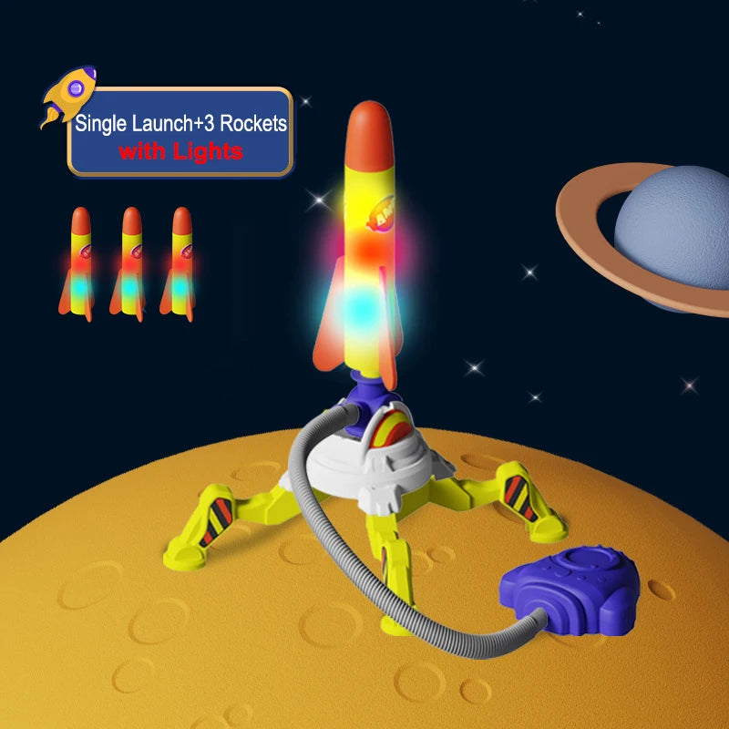Outdoor foam rocket toy launch set with rockets and stomp pad