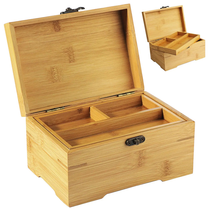 Premium Large Bamboo Stash Box with Rolling Tray & Divider for Weed