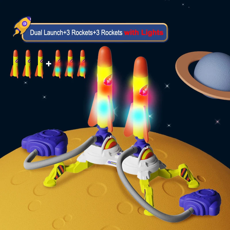 Outdoor foam rocket toy launch set with rockets and stomp pad